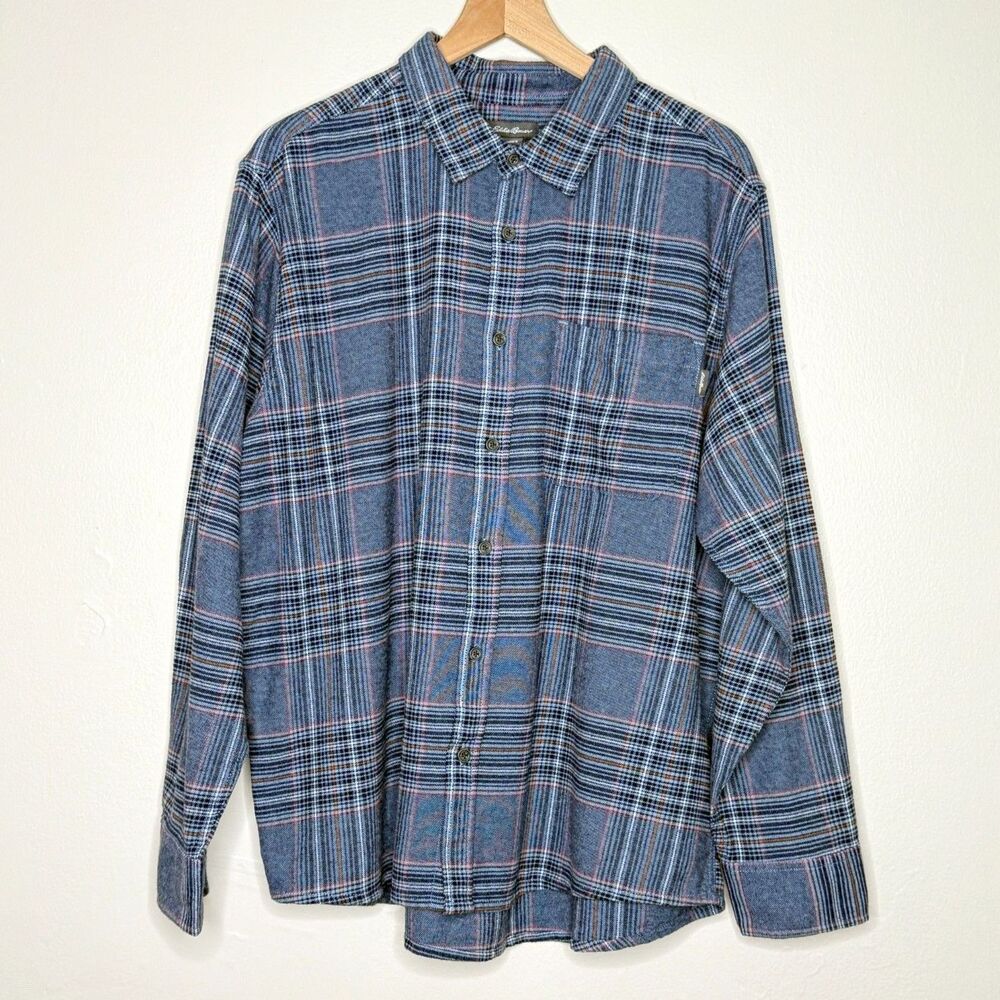 Eddie Bauer Mens Button Up Flannel Shirt XXL Blue Cotton Preppy Casual‎ Outdoors
